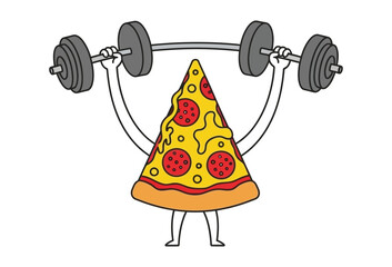 Funny slice of pepperoni pizza lifting heavy weights, quirky food pun for gym lovers, fitness humor, healthy lifestyle balance, cheat day motivation