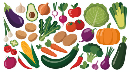 Colorful assortment of fresh organic vegetables and healthy ingredients for cooking, nutrition, and vegetarian diets illustration.