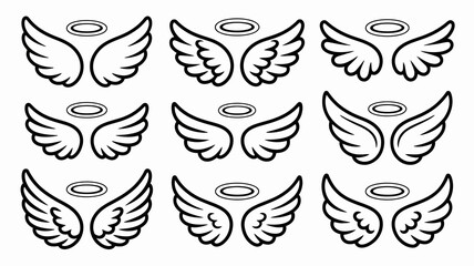 Set of various black outline angel wings with halos, perfect for divine, spiritual, or symbolic design elements and angelic concepts vector.