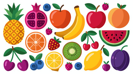 Vibrant collection of fresh, ripe, and healthy fruits and berries in a clean, modern flat design vector illustration, isolated.