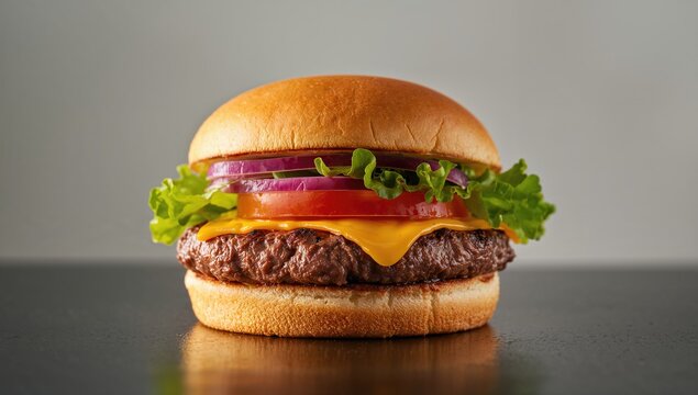 Juicy hamburger featuring fresh ingredients, protein-rich meal