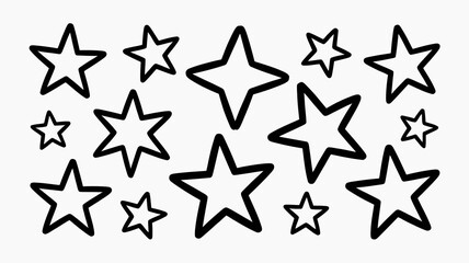 Stylized black outline stars of varying points and sizes randomly scattered on a clean white background, ideal for decorative patterns.