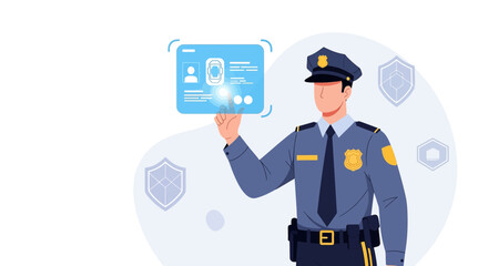 Innovative police officer using digital interface for advanced criminal database monitoring and