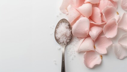 Rose bath salt in spoon beside rose petals on white surface, suitable for relaxation
