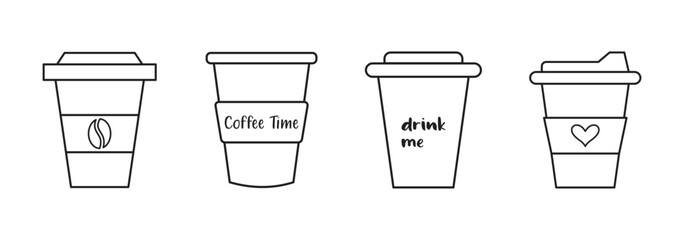 Disposable coffee cup icon set. Coffee to go, takeaway paper cup symbol. Editable stroke. Vector illustration.
