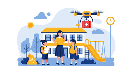 Innovative School Healthcare: A drone delivers first aid kit to students and teacher
