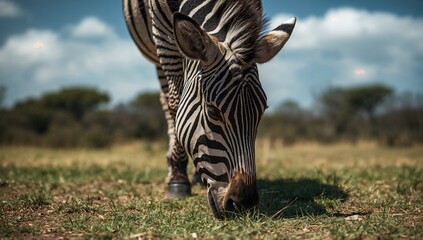 Close-up of a zebra feeding on grass, emphasizing the distinct patterns and natural behavior of the species