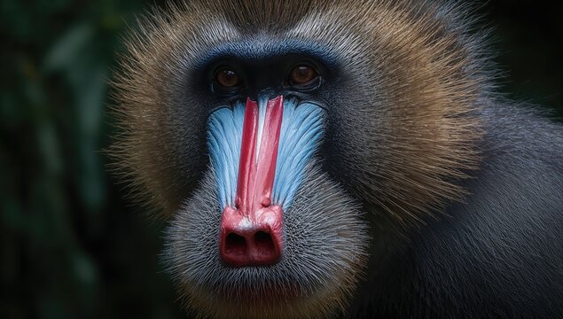 Close-up view of a male Mandrill, showcasing vibrant facial features and distinctive coloration, highlighting the species' unique traits - Powered by Adobe
