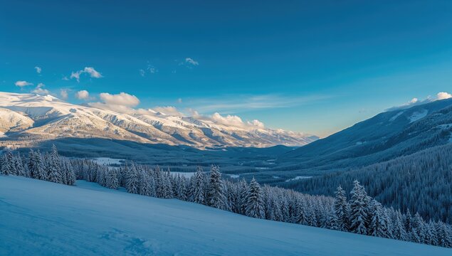 Clear blue sky over a snowy landscape with trees, winter scenery, seasonal change - Powered by Adobe