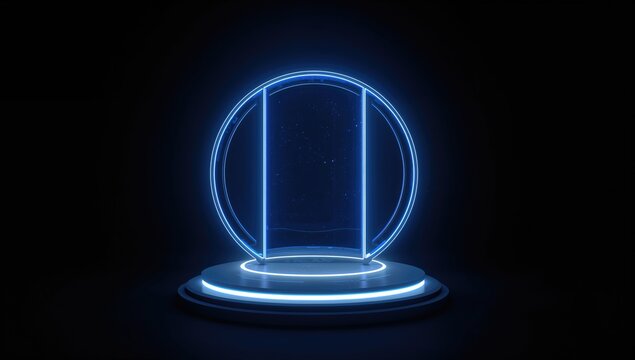 Futuristic glowing portal with neon circular base, sci-fi digital display, gaming environment