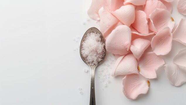 Rose bath salt in spoon beside rose petals on white surface, suitable for relaxation