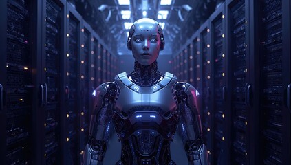 A glowing server room with an AI robot processing information, efficiency