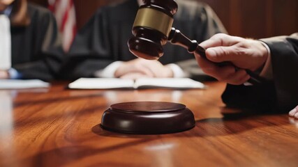 Close-up of a gavel being struck by a judge in a courtroom setting on a wooden table. Concept for legal proceedings, judicial system and law firm representation