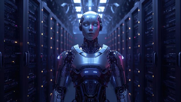 A glowing server room with an AI robot processing information, efficiency