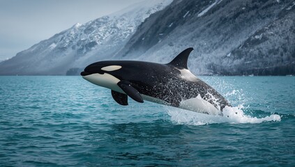 Fototapeta premium Orca breaching in ocean with splashes, winter scenery featuring snowy mountains, seasonal change