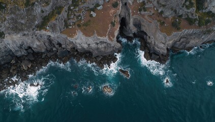 Aerial view of Norway's Telavg shoreline, showcasing the dynamic interaction of waves and rocky formations, erosion risk