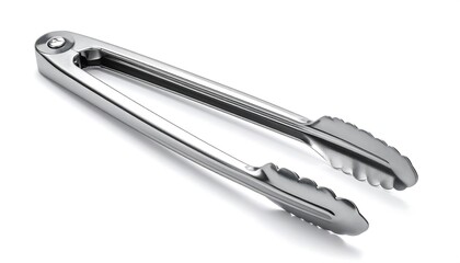 Stainless steel kitchen tongs with scalloped edges on white background