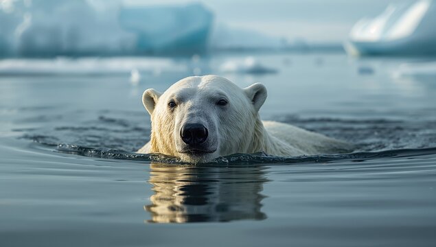 Polar bear navigating aquatic environment in search of food, highlighting survival challenges