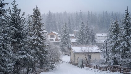 Snow-covered pine forest edge adjacent to a quaint village, seasonal change
