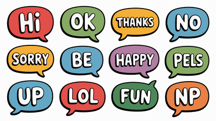 Vibrant, hand-drawn speech bubbles featuring diverse conversational words and phrases like 