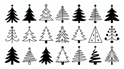 Obraz premium Collection of diverse hand-drawn christmas tree doodles, featuring various festive holiday season evergreen silhouettes and line art designs perfect for winter celebrations.