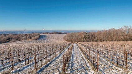Fototapeta premium Vineyard covered in snow, seasonal change