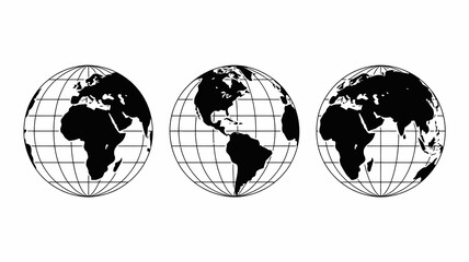 Three distinct black and white outline globe icons illustrating different world regions with latitude and longitude lines