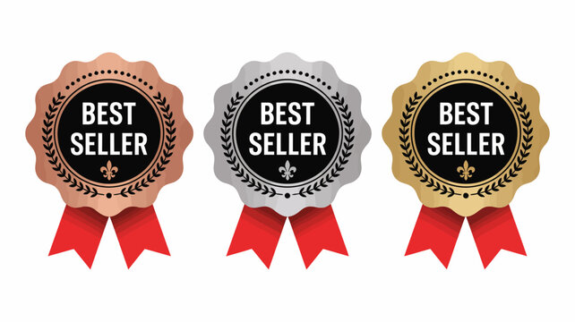 Best seller award badges set: premium gold, silver, and bronze medals with elegant red ribbons for product quality recognition