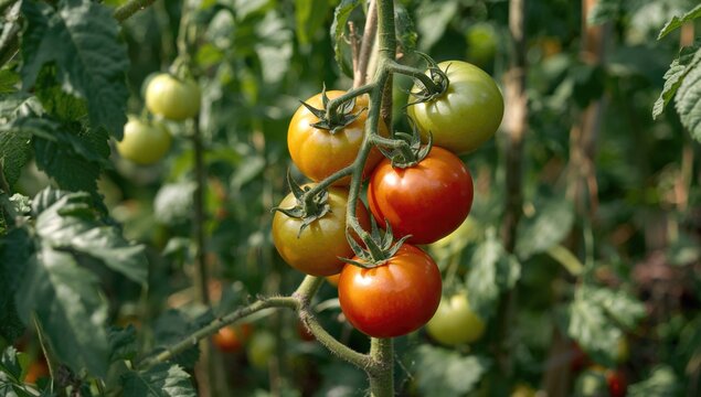 Homegrown organic tomatoes maturing on the vine, a fiber-dense choice