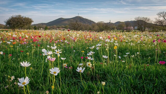 Field of flowers with vibrant blooms, ideal backdrop for nature-themed designs