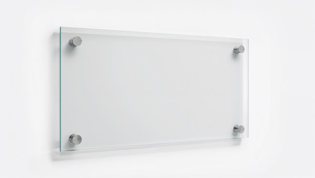 Transparent glass nameplate mounted on metal spacers, ideal for branding display
