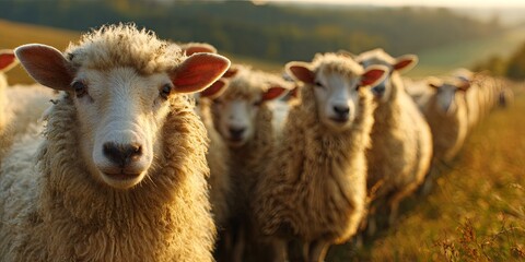 Fototapeta premium Flock of Sheep Grazing in a Green Meadow Surrounded by Nature, Close-up View of Sheep Looking at the Camera on a Sunny Day with Gentle Light