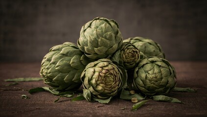 Obraz premium Fresh artichokes displayed on a wooden surface, healthy vegetable choice