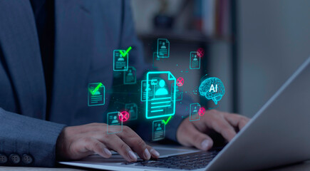 Man uses AI for resume screening and HR technology, with AI brain automating candidate approval and rejection in an ATS.