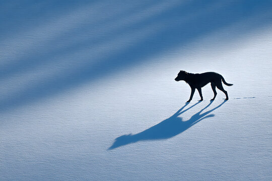 A black dog strolls on a snowy landscape, casting a distinct shadow against the bright white snow