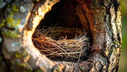 Fototapeta premium Close Up Of An Empty Bird Nest Made Of Twigs Inside A Textured Tree Trunk With Golden Sunlight Filtering Through The Branches In A Forest Setting