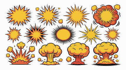 Comic book explosion and bang effect set, cartoon boom bubble, nuclear blast burst, smoke and fire energy burst shapes collection