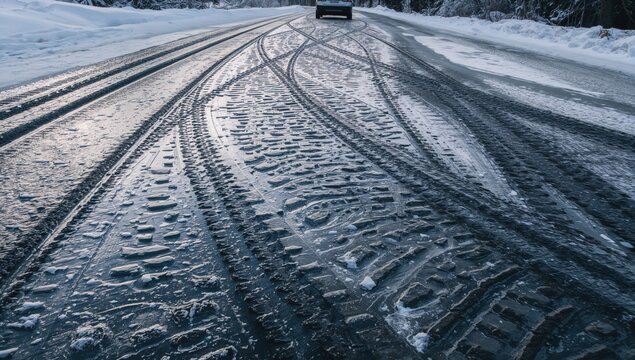 Tire tracks leaving impressions in slush on a winter road with thawing snow and ice, erosion risk