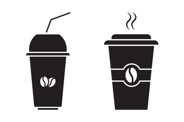 A versatile set of takeaway coffee cup icons, featuring different lid styles, coffee bean logos, and whipped cream toppings. Designed in both outline and filled styles, perfect for cafes, branding.