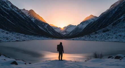 Person with backpack stands at frozen lake with mountains at sunset in winter landscape view