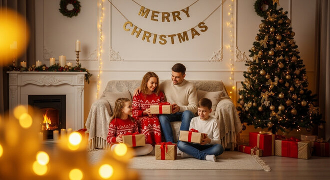 Happy family opening Christmas gifts sitting together in a cozy living room celebrating the holiday. AI Generated - Powered by Adobe