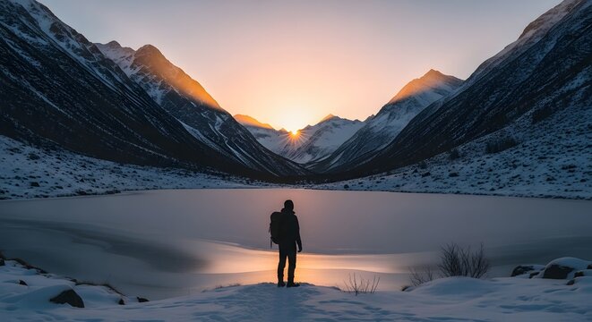 Person with backpack stands at frozen lake with mountains at sunset in winter landscape view - Powered by Adobe