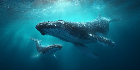 Fototapeta premium A majestic adult whale swimming gracefully in clear turquoise waters alongside its playful calf showcasing nature s beauty and the bond between mother and child
