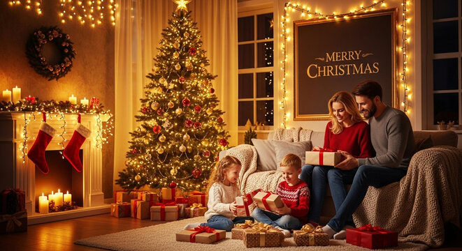 Happy family opening Christmas gifts in cozy living room enjoying holiday celebration warm festive . AI Generated