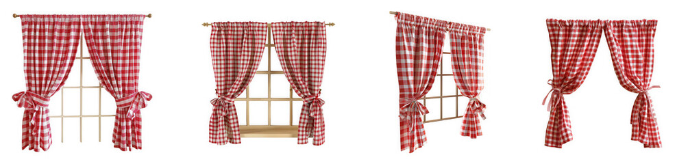 Red and white checkered curtains tied back on a window isolated on transparent background