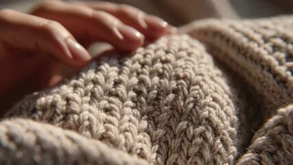 Close-up of a hand gently touching a knitted texture Exploring warmth and comfort in a textured design - Powered by Adobe