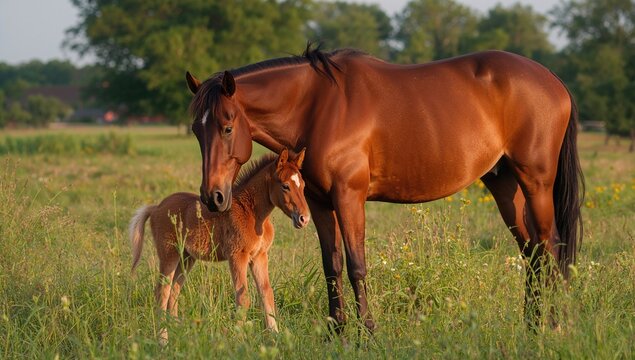On a beautiful summer evening, a brown mare lovingly nurtures her small foal, emphasizing maternal bonding.