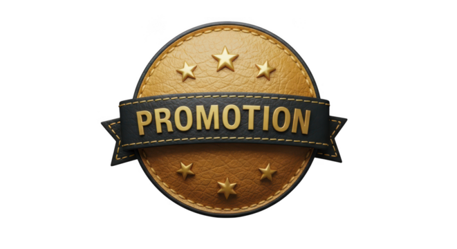 Golden oval badge with stars and promotion ribbon isolated on transparent background