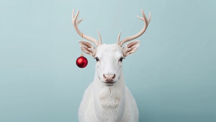 Fototapeta premium White reindeer adorned with a red Christmas bauble against a soft blue backdrop, seasonal celebration theme