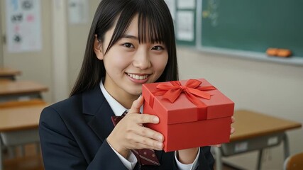 制服姿の女性が赤いギフトボックスを大事そうに持ちあげる